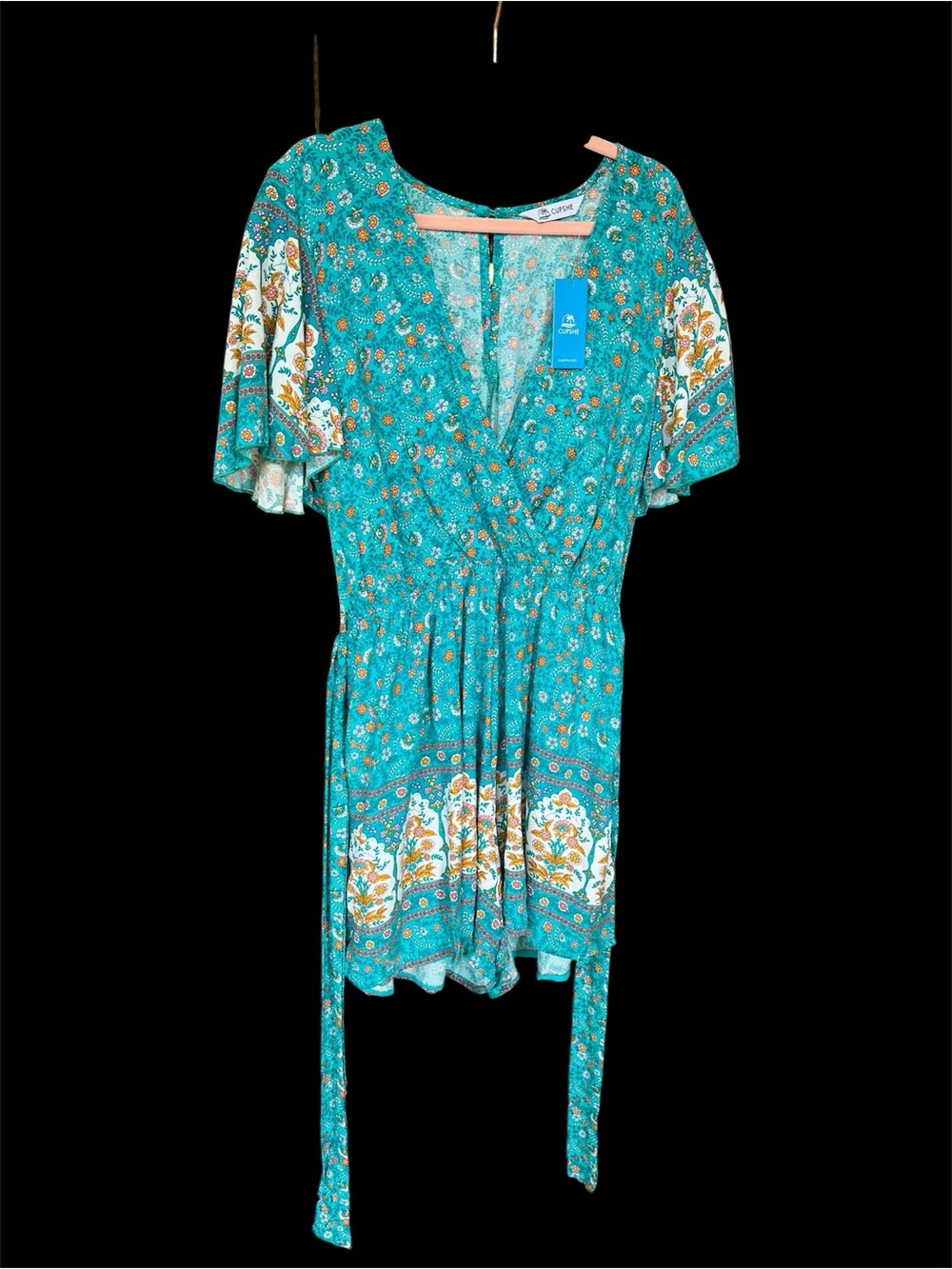 Teal Floral Boho Tie-Waist Romper / Mini Dress - Picture 2 of 7
